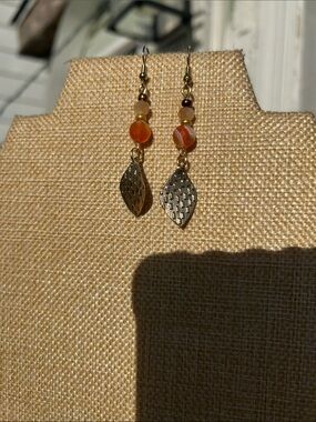 Gold Leaf Drop Earrings with Orange Beads